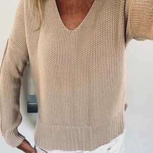 LUCKY BRAND Tan Taupe Cable Knit V Neck Scoop Cozy Comfy Minimalist Sweater XS